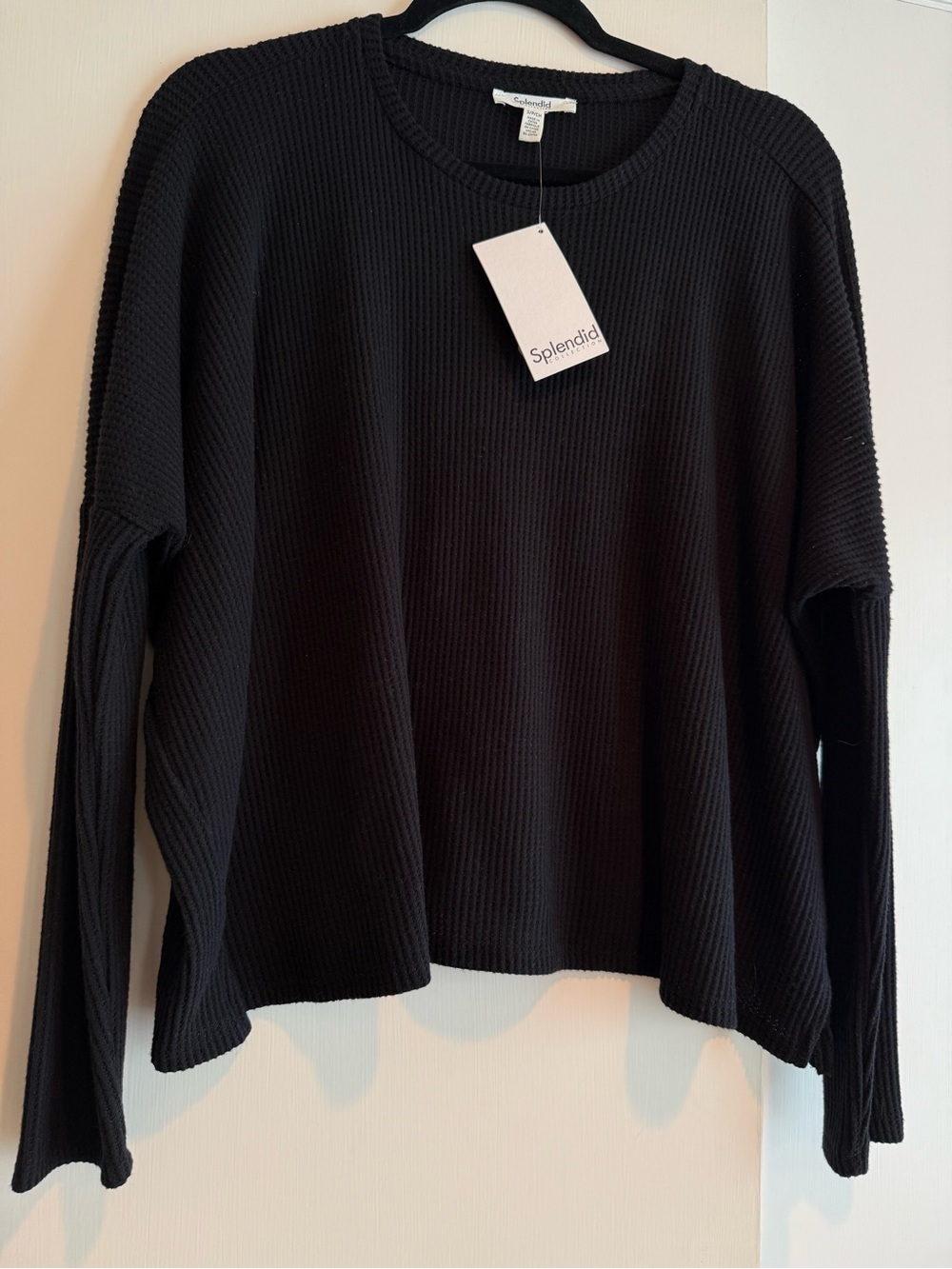 Women’s Splendid Black Waffle-Knit Crewneck Long Sleeve Top